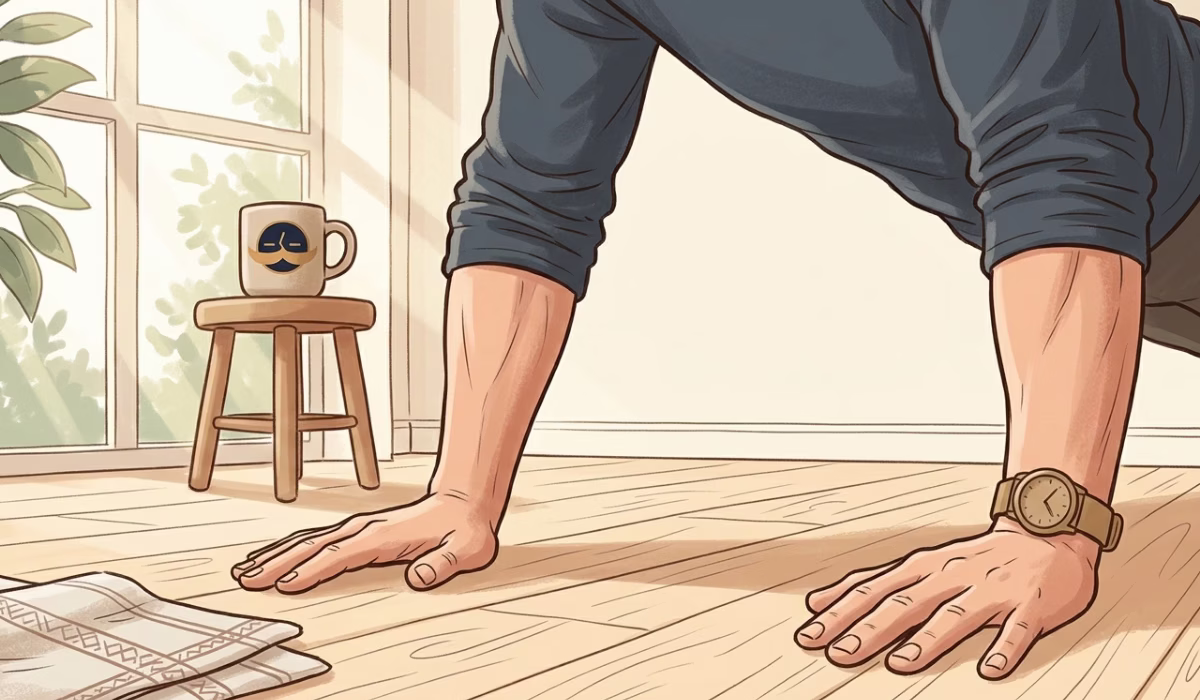 Person doing a bodyweight workout on a living room floor with morning sunlight streaming through the window