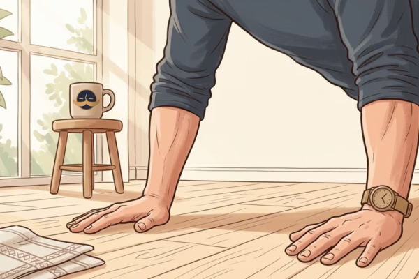 Person doing a bodyweight workout on a living room floor with morning sunlight streaming through the window