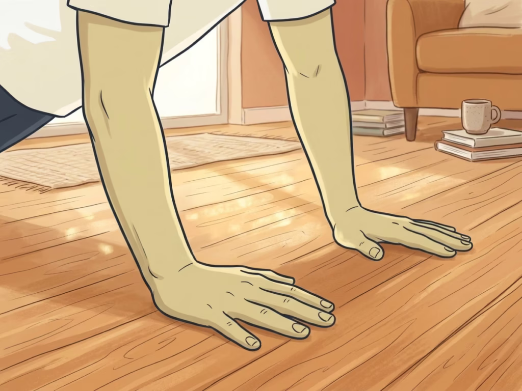 Close-up of hands in a plank position on a hardwood floor during a no-equipment home workout