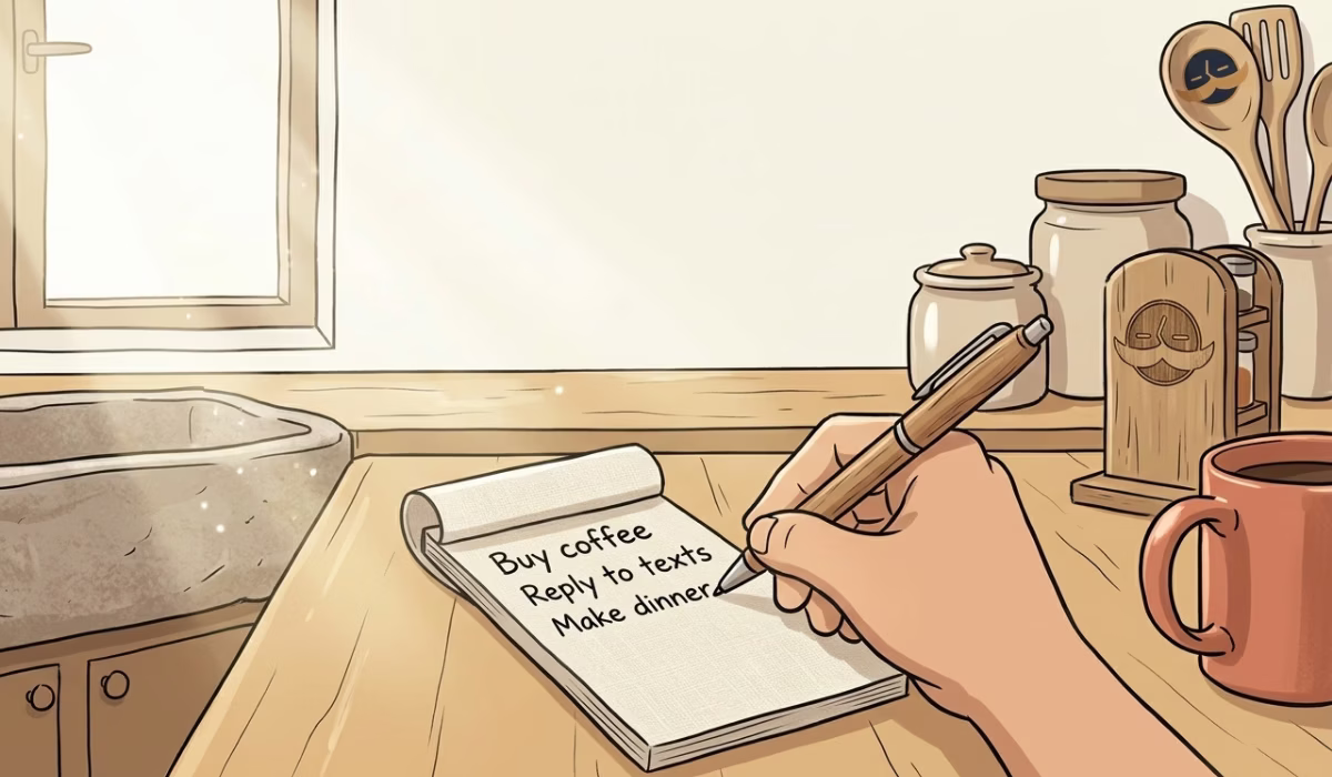 Hand writing a short list on a small notepad on a bright kitchen counter