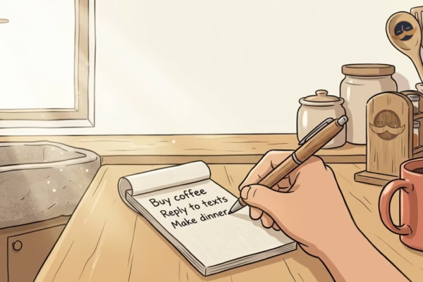 Hand writing a short list on a small notepad on a bright kitchen counter