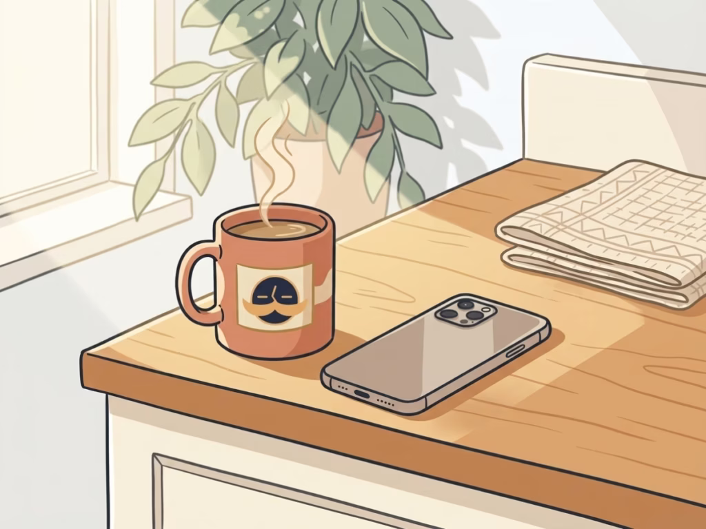 Smartphone placed face-down next to a coffee mug on a bright morning counter