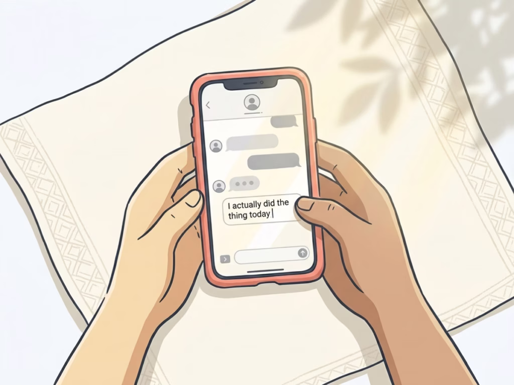 Hands holding a smartphone composing a casual text message, representing sharing a small win with a supportive friend