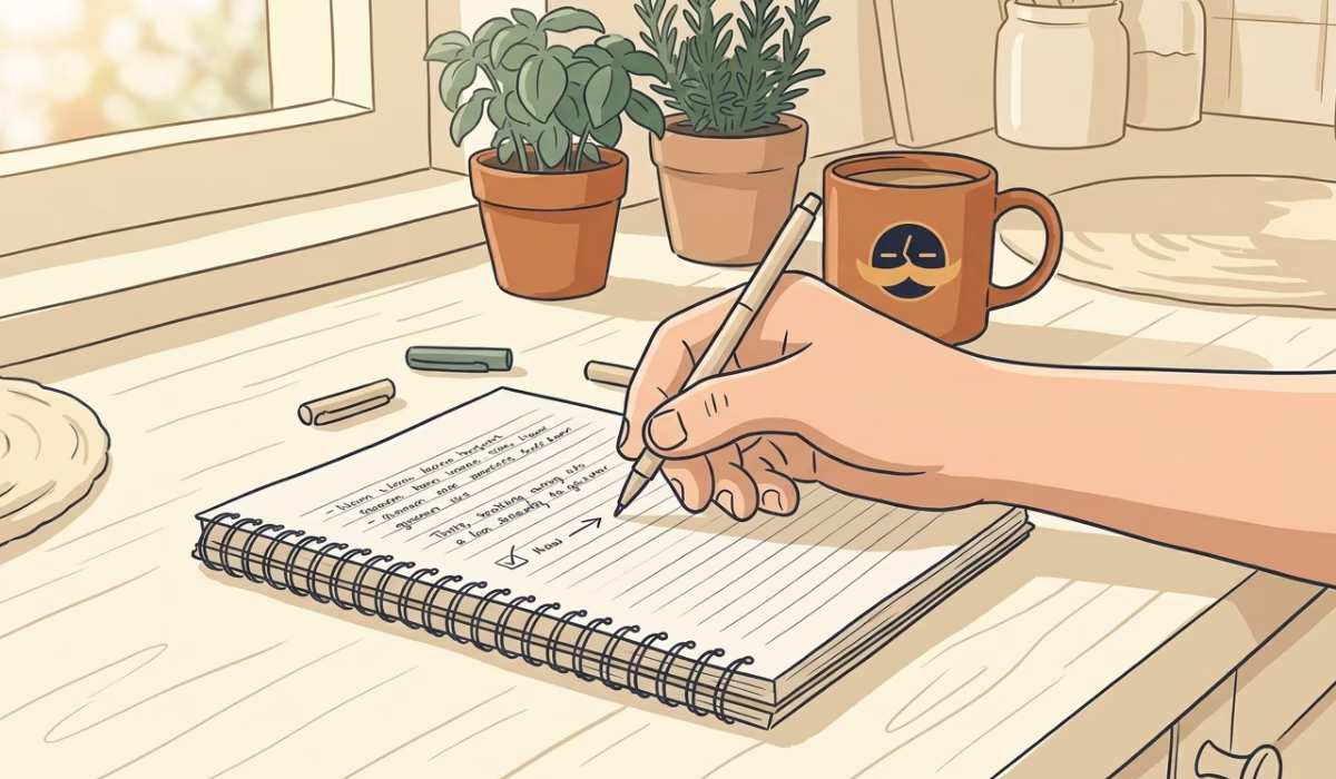 Hand writing a goal in a notebook on a sunny kitchen counter, bright morning light