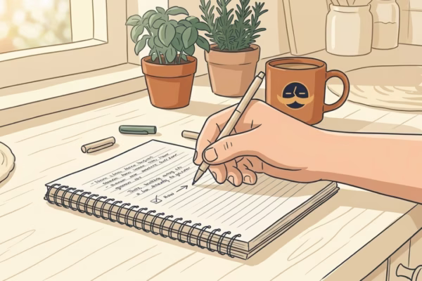 Hand writing a goal in a notebook on a sunny kitchen counter, bright morning light