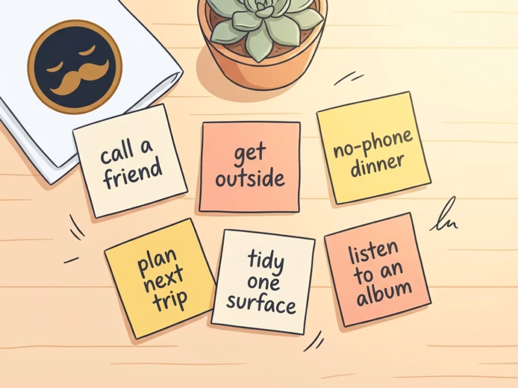 Several colorful sticky notes spread on a wooden desk in bright daylight, goal planning
