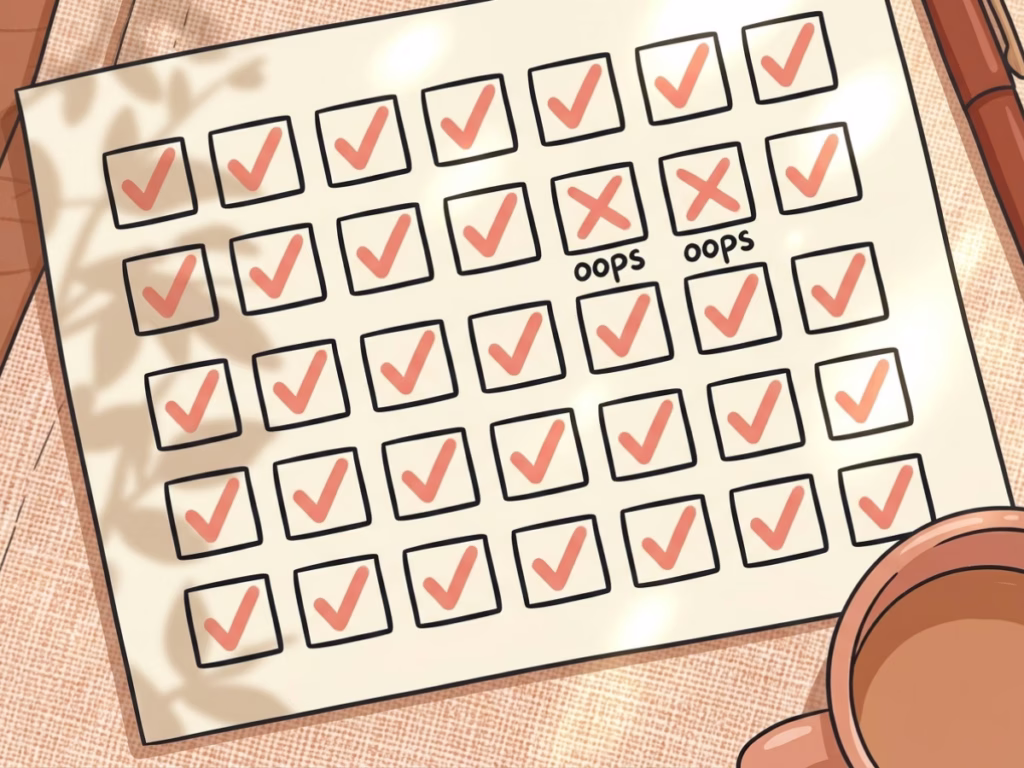 Hand-drawn 30-day calendar with cheerful check marks and one crossed-out day, bright morning light