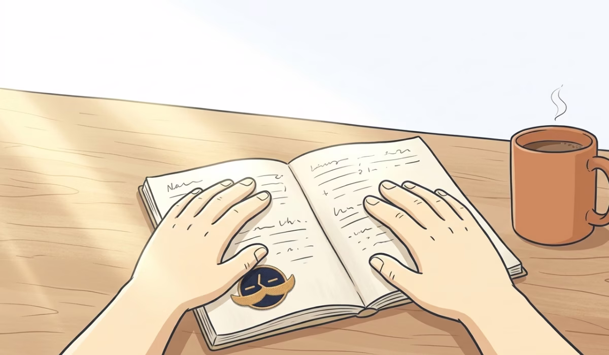 Person pausing with pen down on a simple notebook, bright morning light, calm and purposeful
