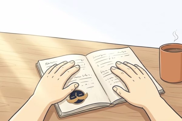 Person pausing with pen down on a simple notebook, bright morning light, calm and purposeful