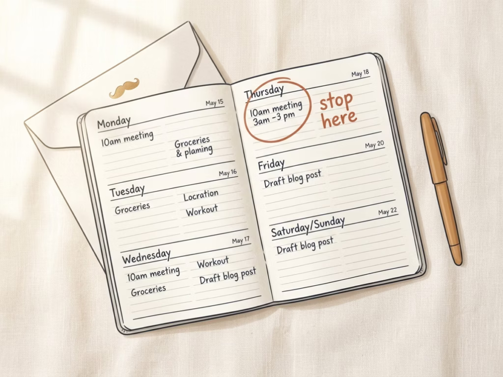 Open weekly planner with a circled date on a bright sunny desk, simple and purposeful