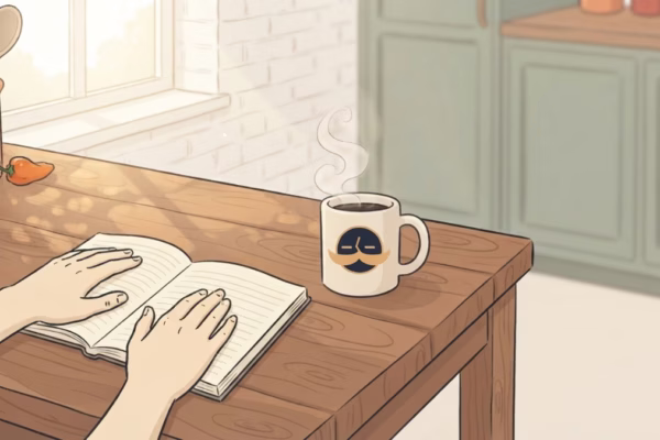 Man at a sunny kitchen table with a notebook and coffee, about to write a quarterly life audit