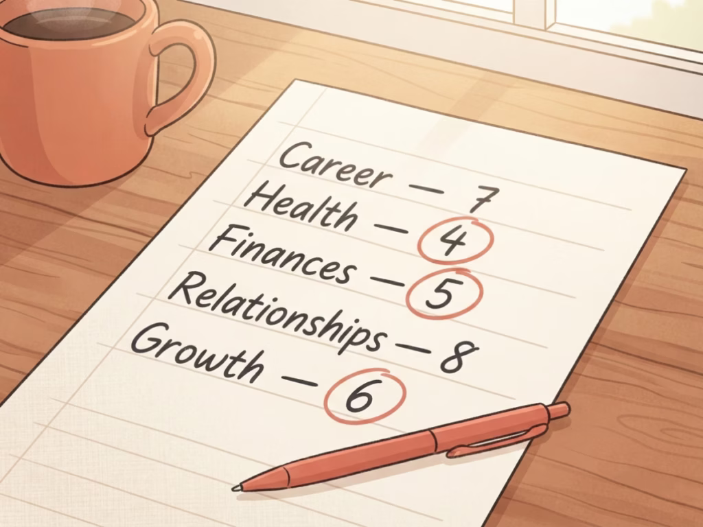 Handwritten life audit scorecard with categories scored 1-10, low scores circled in red pen on a sunny desk