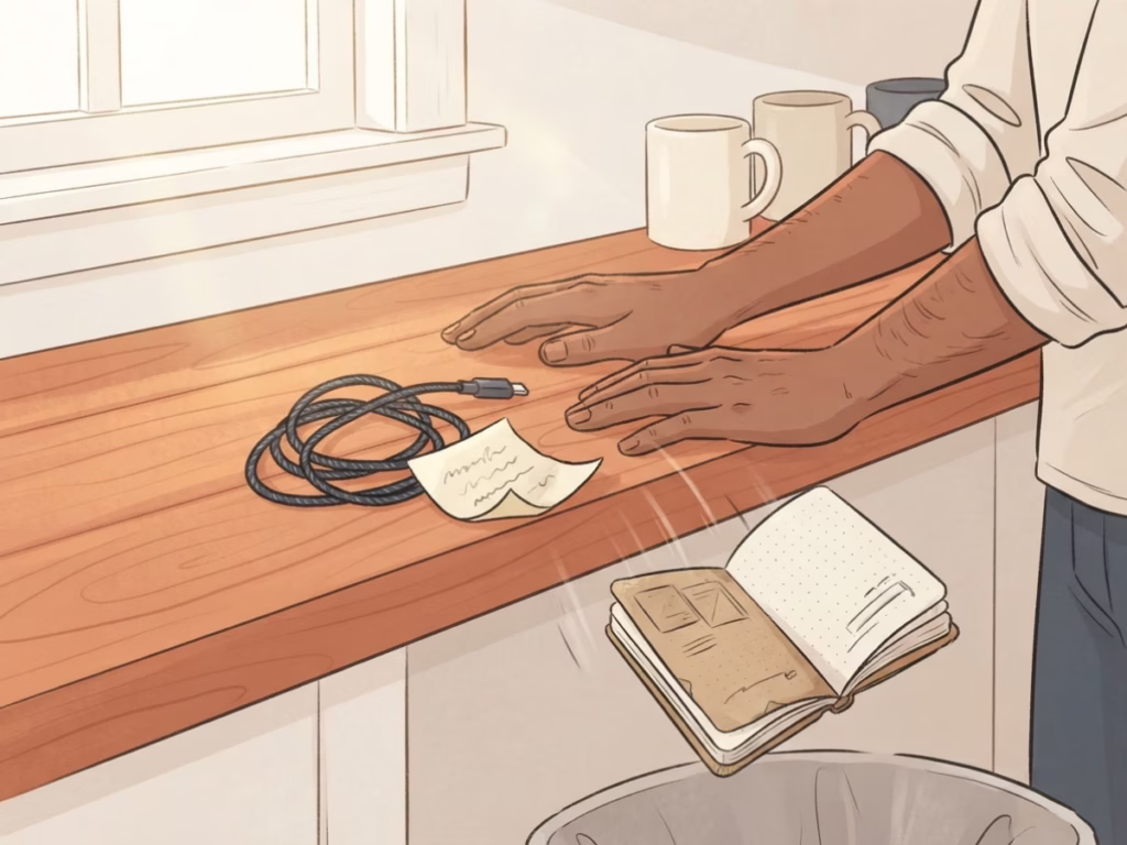 Hands clearing clutter off a wooden desk in bright natural light, decluttering a workspace
