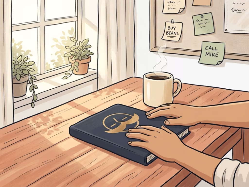 Man's hands resting on a closed notebook beside a coffee mug at a sunny kitchen table, pausing to reflect