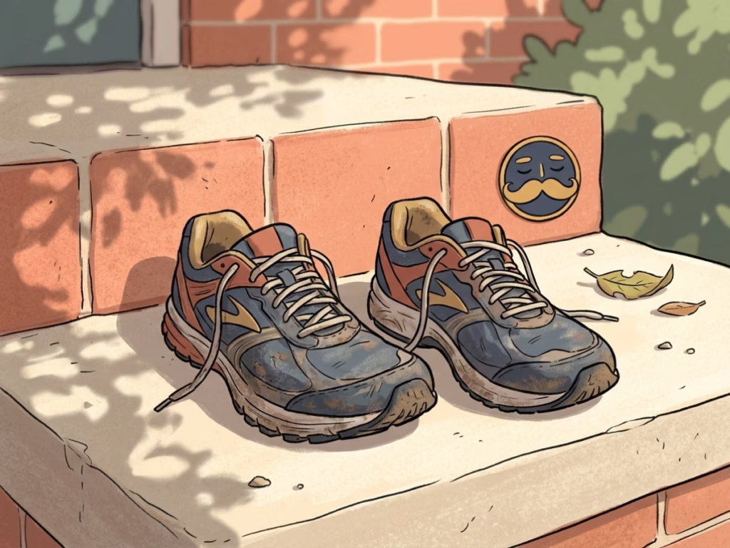 Worn running shoes resting on a step, sign of mid-season fatigue and need for a break