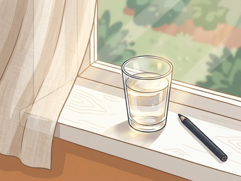 Glass of water on a sunny windowsill, hydration and rest as key mid-season recovery tools
