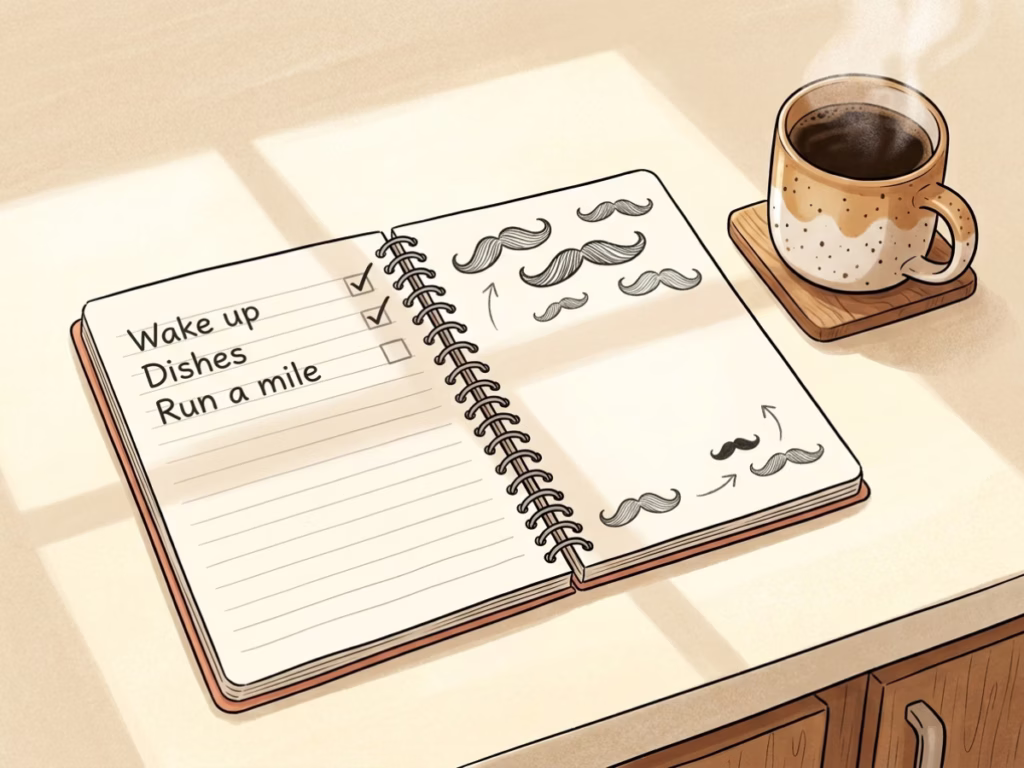 Handwritten training goals notebook with checkmarks on a sunny counter, mid-season goal review