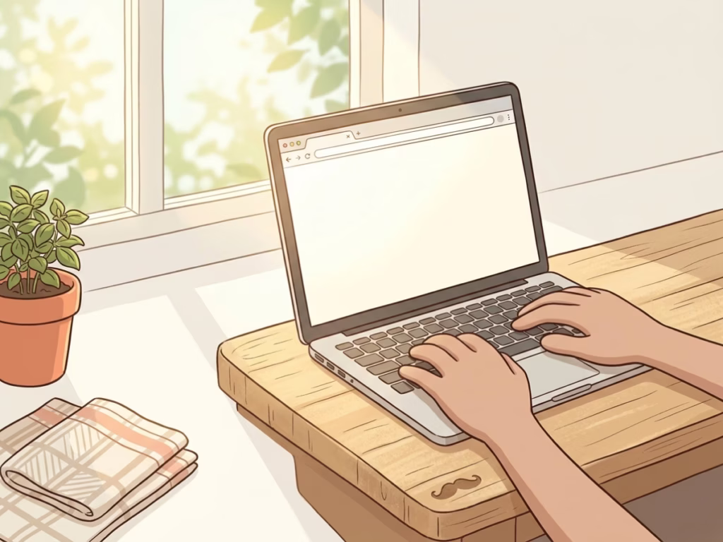 Hands typing on a laptop with a clean, minimal browser window open on a bright desk