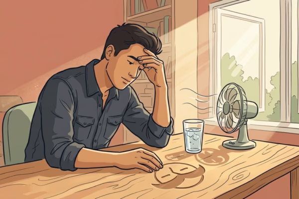 Man sitting at desk looking unfocused on a hot summer day, fan in background, bright window light