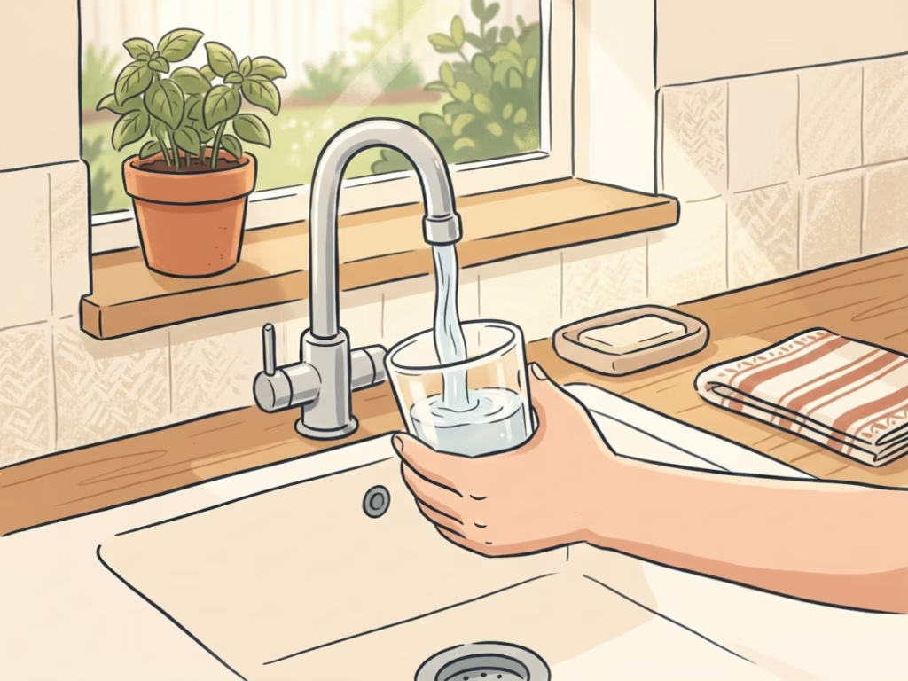 Hands filling a glass of water at a bright kitchen sink, morning light through window