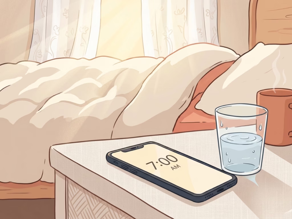 Phone showing early morning alarm on a sunlit nightstand beside a glass of water, bright bedroom