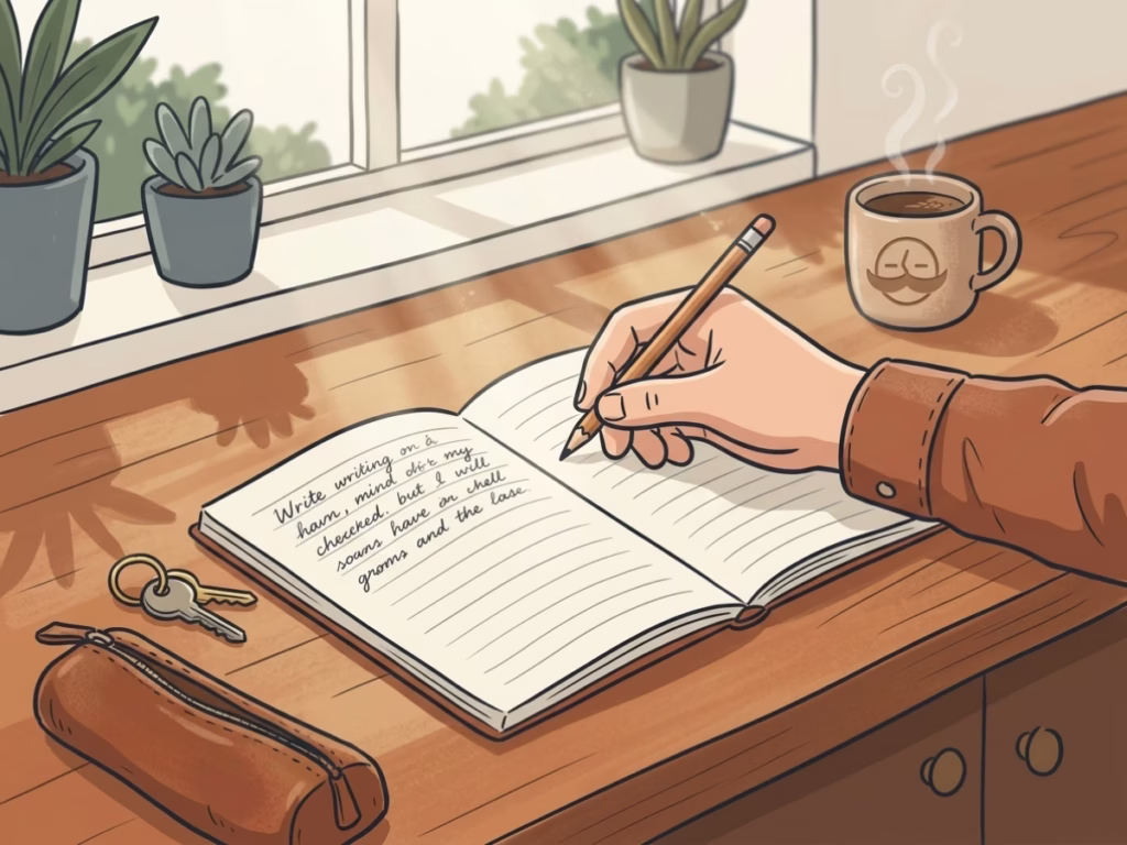 Hand writing a note in an open notebook on a kitchen counter, practicing a go-to phrase for saying no