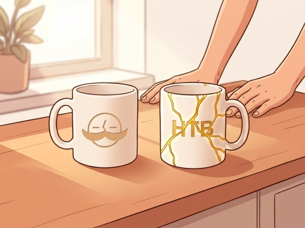 Two ceramic mugs side by side, one plain cracked, one with gold kintsugi seams, held in warm hands on a sunny kitchen counter