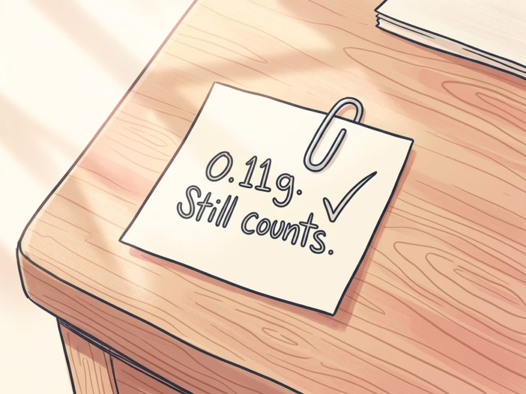 Single paperclip on a handwritten sticky note, representing 0.11 grams of annual tree growth and small daily progress