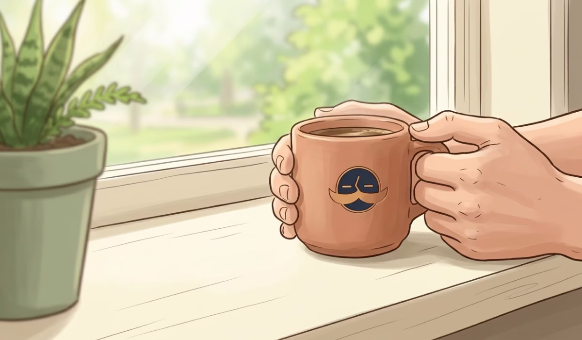Man sitting quietly at a window with a coffee mug, letting his mind wander in morning light