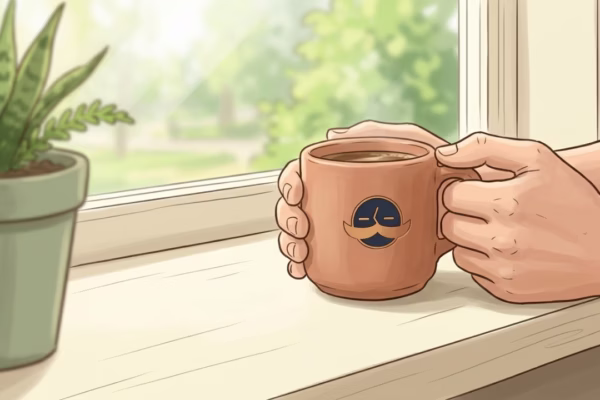 Man sitting quietly at a window with a coffee mug, letting his mind wander in morning light