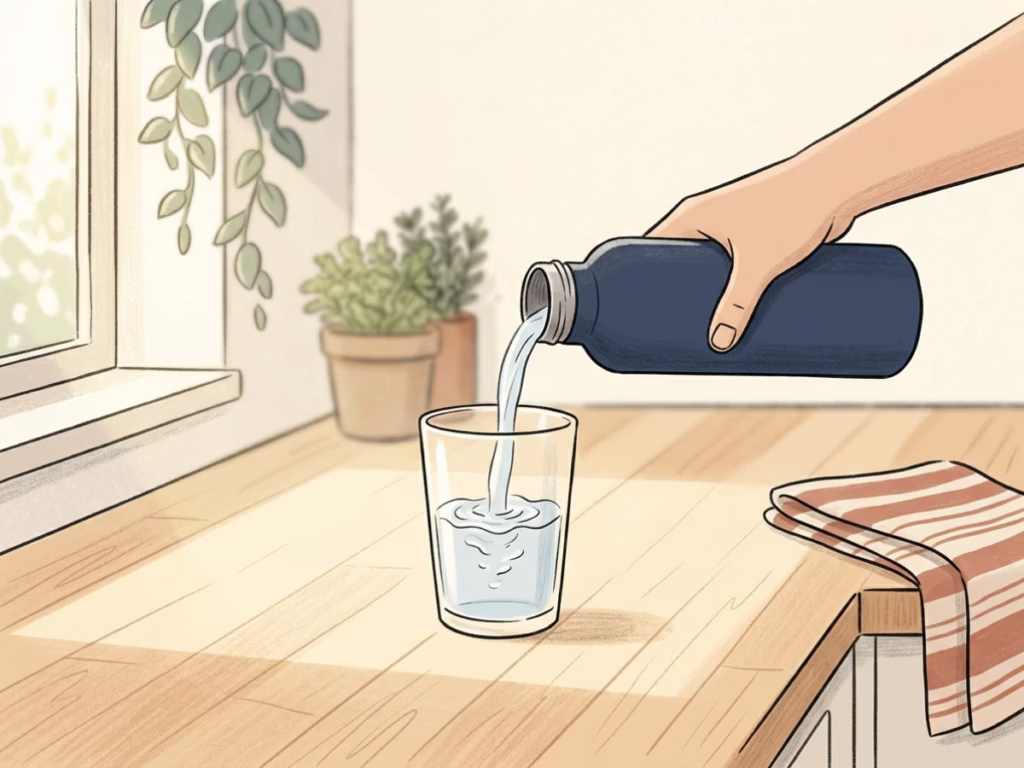 Water being poured into a clear glass on a sunny kitchen counter, pre-workout hydration for summer exercise