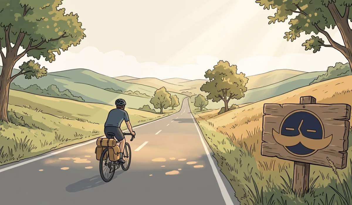 Amateur cyclist riding alone on an open road, bright morning light, wide landscape