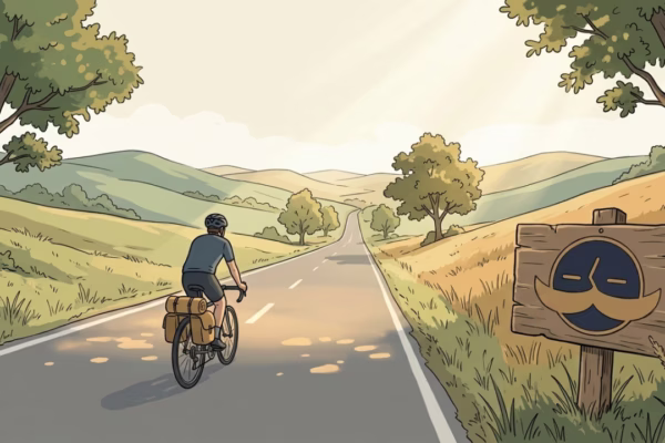 Amateur cyclist riding alone on an open road, bright morning light, wide landscape