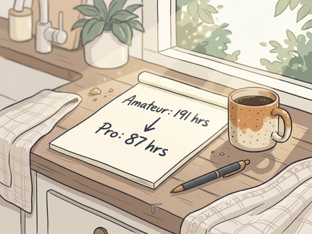 Handwritten notepad showing 191 hours vs 87 hours on a sunny kitchen counter