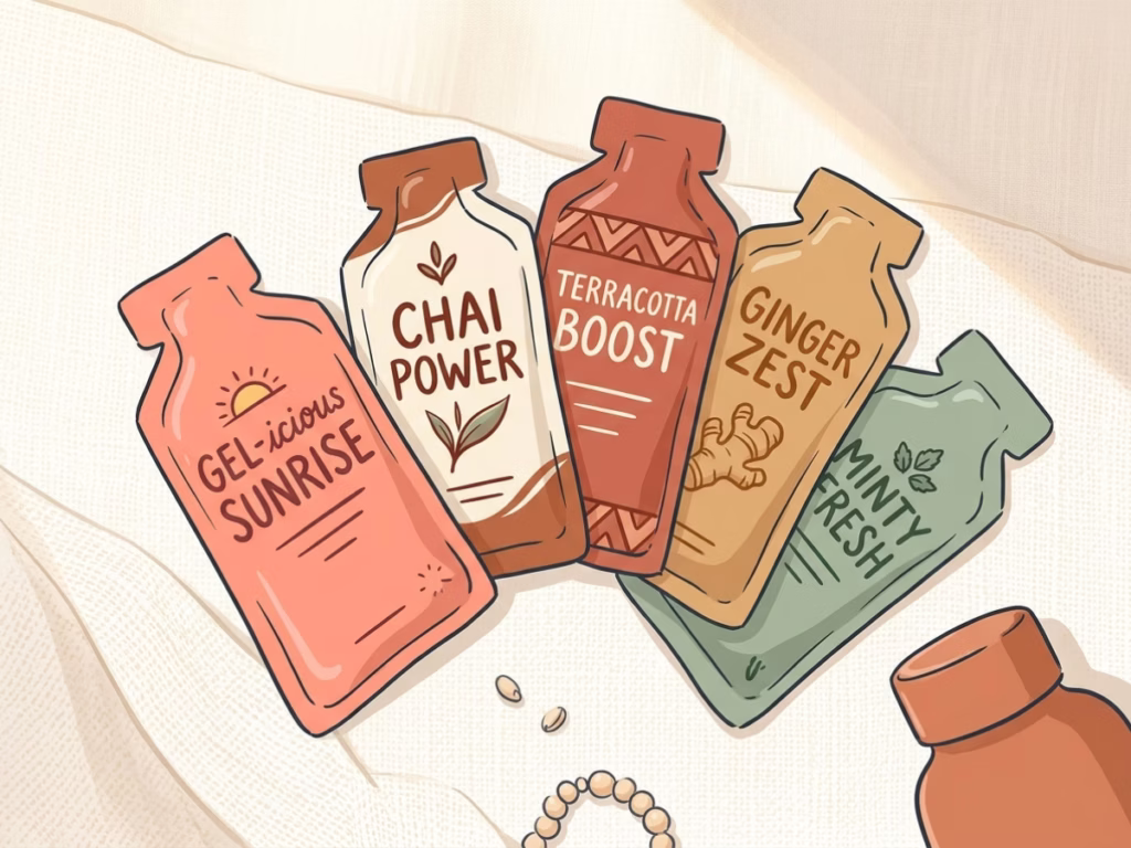 Several energy gel packets laid out on a bright counter, cycling nutrition