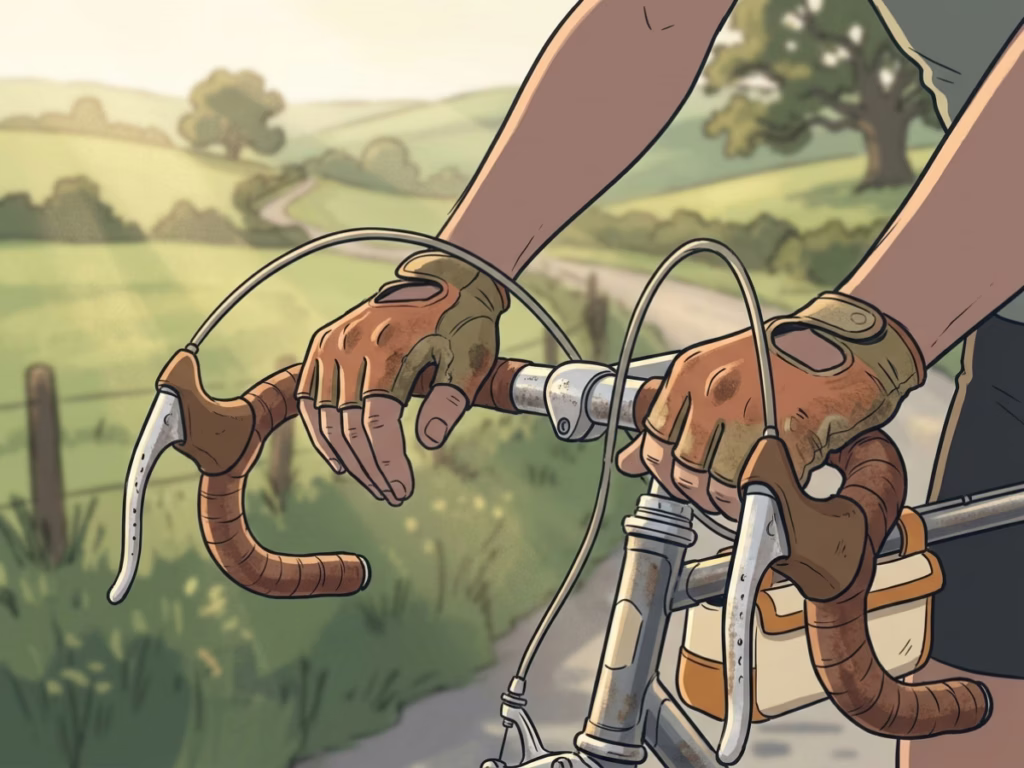 Close-up of tired cyclist's hands resting on handlebars after a long ride