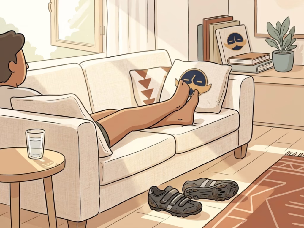 Person relaxing on a couch in bright natural light, afternoon rest, calm and cheerful