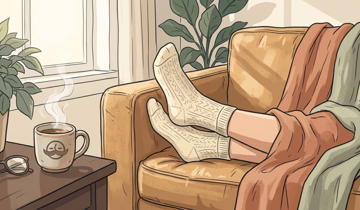 Man relaxing contentedly on a couch at home, not looking at his phone, soft morning light