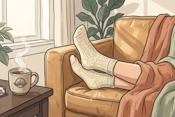 Man relaxing contentedly on a couch at home, not looking at his phone, soft morning light