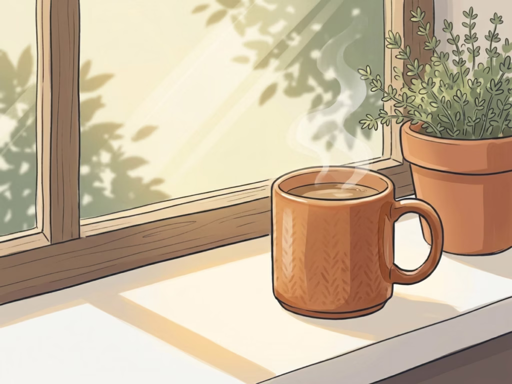 Person enjoying a quiet morning coffee by a sunny window, no phone, calm and content
