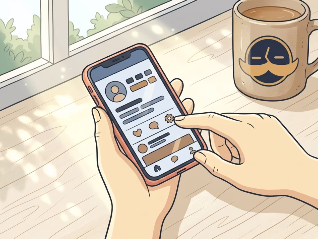 Close-up of hands adjusting phone settings or muting a social media account, bright daylight