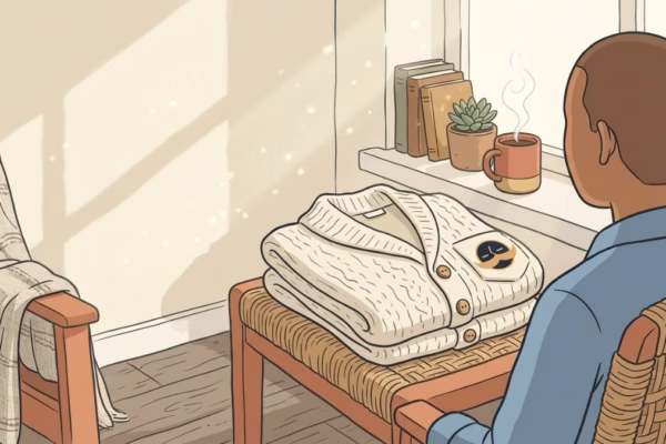 A warm, worn cardigan draped over a wooden chair in soft morning light, quiet strength personified