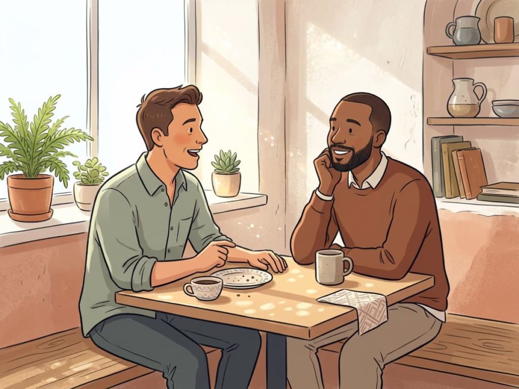 Two men in calm conversation at a sunny table, one listening attentively, illustrating quiet presence and trust