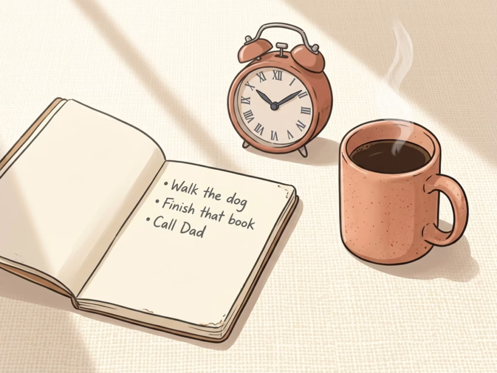 Sunny overhead flatlay of a notepad, small clock, and coffee mug, three simple tools for daily intentional habits