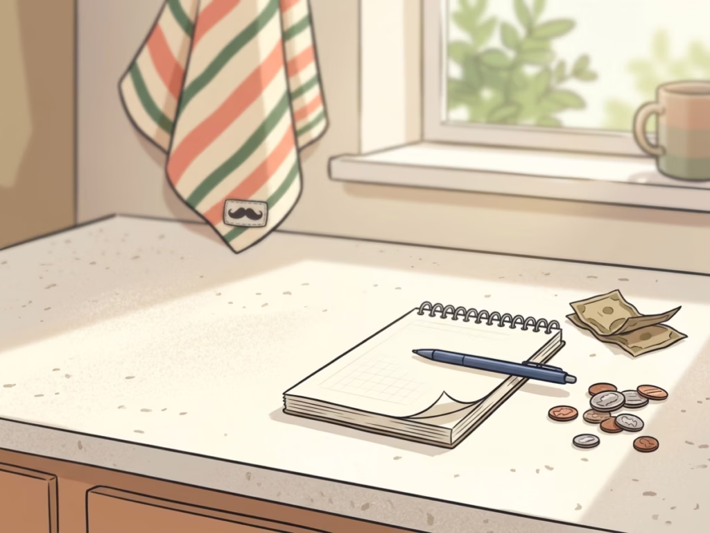 Sketchbook and pen beside a few coins on a sunny counter, low-cost hobby for adults