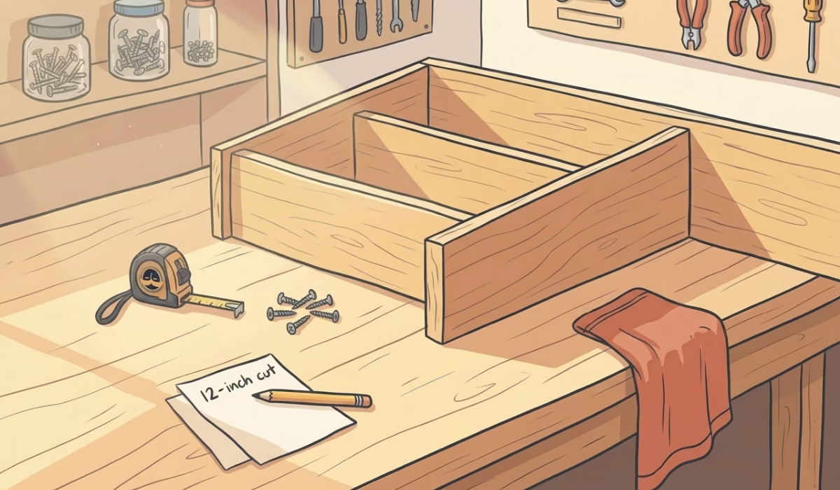 Half-finished DIY woodworking project on a sunny workbench, tools scattered nearby