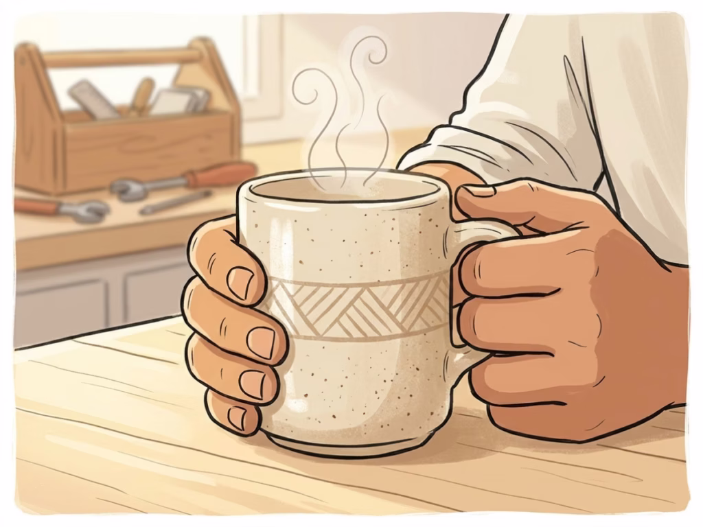 Man sitting at a sunny kitchen table with a coffee mug, taking a break from a DIY project