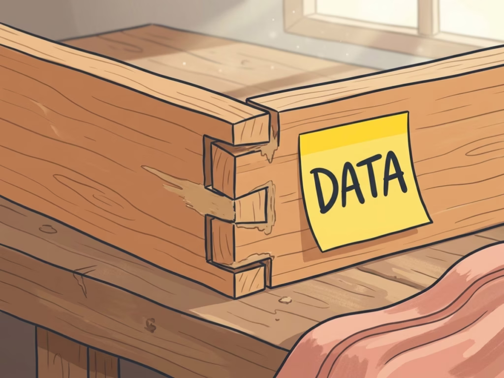 Close-up of an imperfect wood joint with a cheerful sticky note reading 'DATA' in a sunny workshop