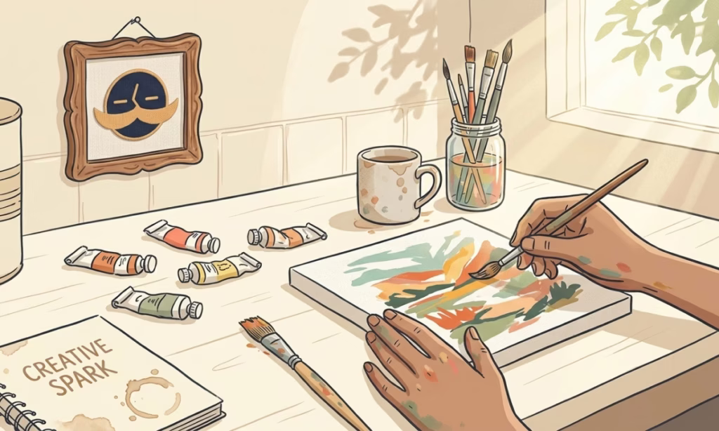 Person painting colorful abstract shapes on canvas at a sunny kitchen table, brushes and paint tubes scattered around