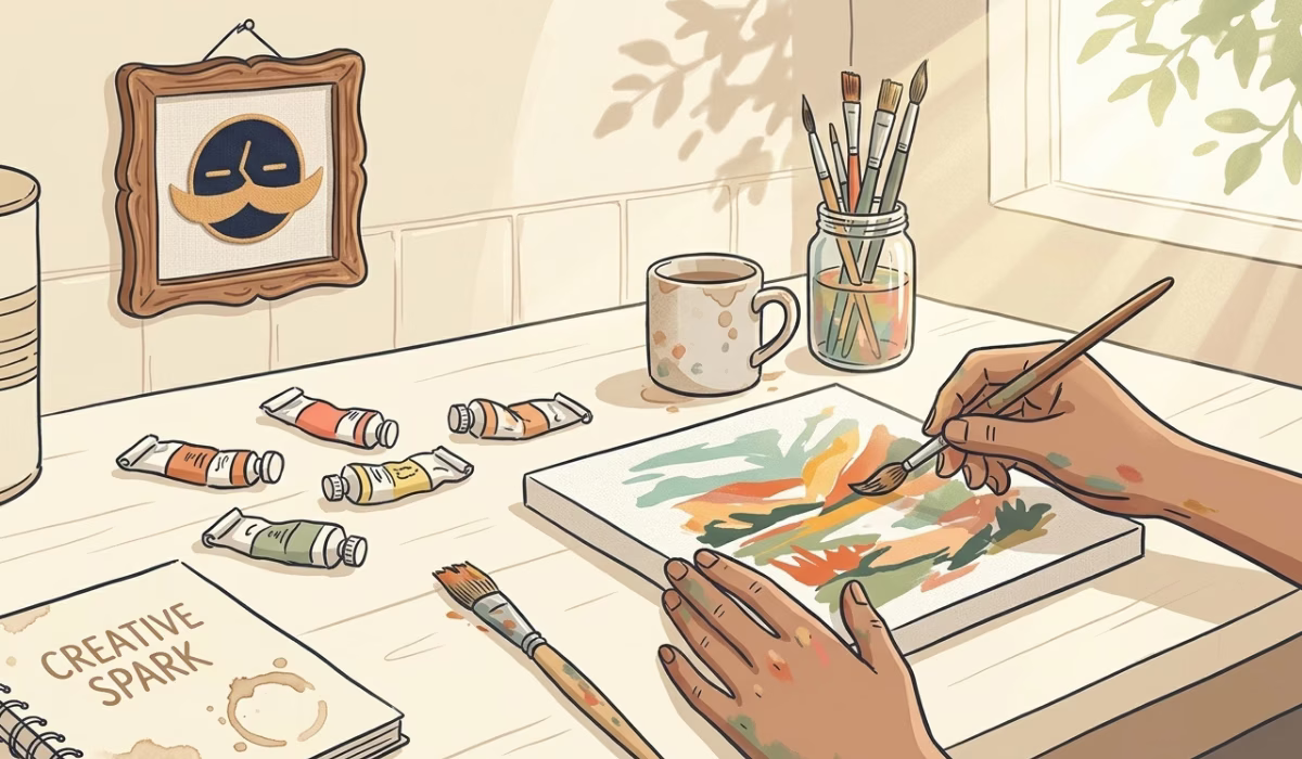 Person painting colorful abstract shapes on canvas at a sunny kitchen table, brushes and paint tubes scattered around